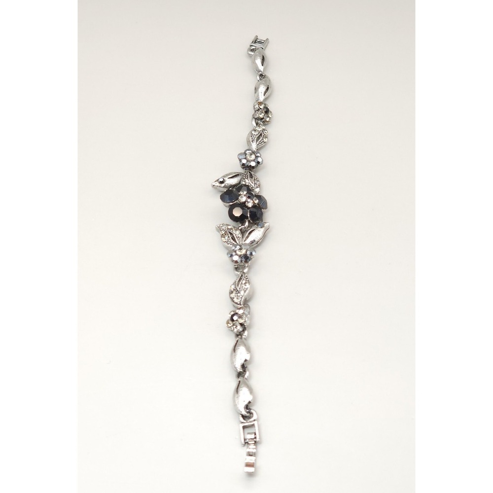 Vintage 1950s Marcasite Style Rhinestone Flower Necklace Bracelet Set Black Gray - Picture 16 of 16